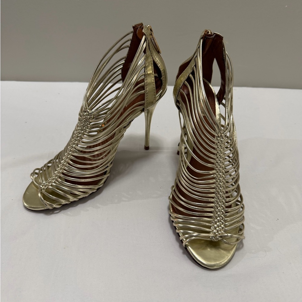 SCHUTZ Gold Strappy 4” High Heel Sandals